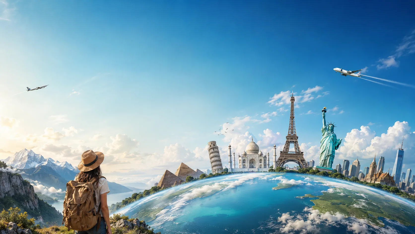 Traveler looking across a world of landmarks, mountains and international flight routes